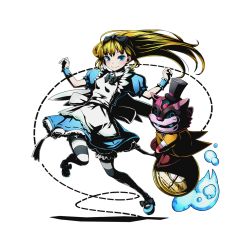 Rule 34 | 10s, 1girl, alice (alice in wonderland), alice (divine gate), alice in wonderland, apron, black bow, blonde hair, blue dress, blue eyes, bow, divine gate, dress, eyebrows, floating hair, frilled thighhighs, frills, full body, hair bow, jumping, long hair, official art, shadow, short sleeves, smile, solo, striped clothes, striped thighhighs, thighhighs, transparent background, ucmm, wrist cuffs