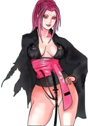 Rule 34 | 1girl, arc system works, baiken, bottomless, breasts, facial mark, guilty gear, hand on own hip, japanese clothes, long hair, looking at viewer, mikazuki shigure, nipples, no panties, pink hair, see-through, solo, standing, sword, weapon
