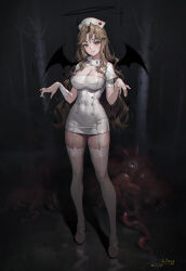 Rule 34 | 1girl, absurdres, artist name, bandaged arm, bandages, bandaid, bandaid on arm, bat wings, black wings, blush, breasts, brown hair, buttons, cleavage, closed mouth, covered navel, cross, dated, double-breasted, eyed tentacle, garter straps, green eyes, halo, hat, highres, lace, lace-trimmed thighhighs, large breasts, long hair, looking at viewer, miyama tsubaki me, mole, mole on breast, mole under eye, mole under mouth, nurse, nurse cap, original, red cross, sandals, signature, solo, standing, tentacles, thighhighs, tree, white footwear, white hat, white thighhighs, wings