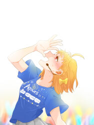 Rule 34 | 1girl, ahoge, blue shirt, blurry, blurry background, blush, bow, braid, breasts, commentary request, earpiece, glowstick, grey skirt, hair bow, happy party train, highres, idol, kashikaze, love live!, love live! sunshine!!, medium breasts, medium hair, microphone, open mouth, orange hair, pleated skirt, red eyes, shirt, short sleeves, side braid, skirt, solo, sweat, takami chika, yellow bow