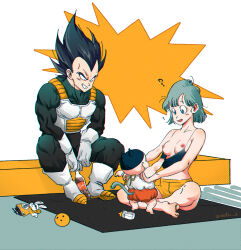 Rule 34 | 1girl, 2boys, ?, accidental exposure, amachu a, armor, baby, baby bottle, barefoot, black camisole, black hair, blue hair, boots, bottle, breasts, bulma, camisole, character doll, cola, commentary, dragon ball, dragon ball (object), dragonball z, english commentary, gloves, grin, hat, highres, indian style, medium breasts, monkey tail, multiple boys, muscular, muscular male, navel, nipples, orange shorts, shirt tug, short shorts, shorts, signature, sitting, smile, soda bottle, tail, toninjinka, trunks (dragon ball), vegeta, white footwear, white gloves