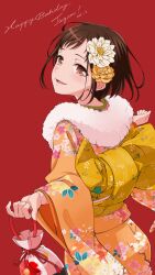 Rule 34 | 1girl, absurdres, back bow, bag, bang dream!, bow, brown eyes, brown hair, character name, commentary, cowboy shot, dated, floral print, flower, from behind, fur shawl, hair flower, hair ornament, hands up, happy birthday, hazawa tsugumi, highres, holding, holding bag, japanese clothes, kimono, kinchaku, large bow, light blush, long sleeves, looking at viewer, looking back, nobusawa osamu, obi, official alternate costume, orange kimono, parted lips, pouch, print bow, print kimono, red background, sash, shawl, short hair, simple background, smile, solo, standing, swept bangs, white footwear, wide sleeves, yellow bow, yellow flower