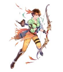 Rule 34 | 1girl, armor, arrow (projectile), belt, blouse, boots, bow (weapon), breasts, brown eyes, brown hair, female focus, fingerless gloves, fire emblem, fire emblem: thracia 776, full body, fur trim, gloves, headband, highres, holding, holding bow (weapon), holding weapon, knee boots, matching hair/eyes, medium breasts, nintendo, official art, orange headband, pants, quiver, shirt, short hair, short sleeves, shoulder armor, shoulder pads, solo, sunset, tanya (fire emblem), thigh strap, torn clothes, torn shirt, transparent background, weapon
