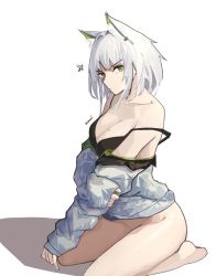 Rule 34 | 1girl, absurdres, alternate costume, anger vein, animal ear fluff, animal ears, arknights, barefoot, black bra, bottomless, bra, breasts, cat ears, cleavage, closed mouth, commentary, english commentary, green eyes, grey jacket, highres, jacket, kal&#039;tsit (arknights), kneeling, large breasts, mole, mole on breast, nuggetkouhai, open clothes, open jacket, short hair, signature, simple background, solo, strap slip, underwear, v-shaped eyebrows, white background, white hair