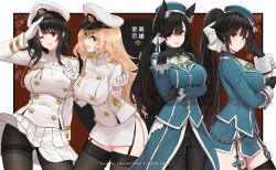 Rule 34 | 4girls, :d, ;d, aiguillette, animal ear fluff, animal ears, aqua eyes, aqua headwear, aqua skirt, arm up, artist name, ascot, atago (azur lane), atago (azur lane) (cosplay), atago (kancolle), atago (kancolle) (cosplay), azur lane, beret, black gloves, black hair, black legwear, black skirt, blonde hair, blunt bangs, blush, bow, breast hold, breasts, brown eyes, buttons, closed mouth, commentary, cosplay, costume switch, cowboy shot, crossover, dishwasher1910, double-breasted, english commentary, extra ears, frilled sleeves, frills, garter straps, gloves, green eyes, hair bow, hair ribbon, hand on own face, hand up, hat, historical name connection, kantai collection, lace trim, large breasts, long hair, long sleeves, looking at viewer, military, military uniform, miniskirt, multiple girls, name connection, one eye closed, open mouth, outside border, panties, panties under pantyhose, pantyhose, pantyshot, peaked cap, pleated skirt, red background, red eyes, ribbon, salute, short hair, side slit, sidelocks, skirt, skirt set, smile, standing, swept bangs, takao (azur lane), takao (azur lane) (cosplay), takao (kancolle), takao (kancolle) (cosplay), thighband pantyhose, thighhighs, underwear, uniform, upskirt, very long hair, w arms, white ascot, white bow, white gloves, white headwear, white legwear, white panties, white ribbon, white skirt