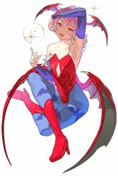 1girl animal_print armpits bare_shoulders bat_print bat_wings bridal_gauntlets demon_girl fangs flat_chest head_wings highres koyoi_mitsuki leotard lilith_(darkstalkers) pantyhose print_pantyhose purple_hair red_eyes red_leotard short_hair sitting solo darkstalkers wings