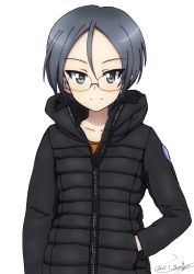 Rule 34 | 1girl, artist name, black jacket, blue eyes, bukkuri, casual, closed mouth, commentary, dated, down jacket, girls und panzer, glasses, grey hair, hand in pocket, highres, jacket, long sleeves, looking at viewer, rimless eyewear, rumi (girls und panzer), short hair, signature, smile, solo, standing, upper body, zipper