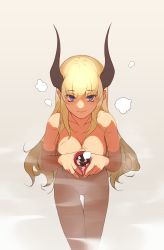 Rule 34 | 1girl, absurdres, blonde hair, breasts, cleavage, completely nude, cup, from above, gluteal fold, grey background, highres, holding, holding cup, horns, large breasts, long hair, looking at viewer, milim nova, navel, nude, original, purple eyes, simple background, sitting, smile, solo, thigh gap, very long hair