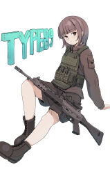 Rule 34 | 1girl, absurdres, assault rifle, brown eyes, brown hair, brown jacket, brown shorts, chest rig, english text, expressionless, gun, highres, howa type 89, jacket, looking at viewer, okapi (yomaigoto), original, rifle, scope, short hair, shorts, sitting, solo, weapon, white background