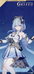Rule 34 | 1girl, aged up, blue background, blue headwear, blue theme, breasts, character name, chinese commentary, cleavage cutout, closed mouth, clothing cutout, dress, earrings, english text, griseo, griseo (cosmic expression), halo, highres, holding, honkai (series), honkai impact 3rd, jewelry, large breasts, long hair, official art, official wallpaper, purple eyes, smile, solo, thighhighs, twintails, upper body, weapon, white dress, white sleeves, white thighhighs