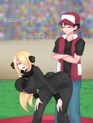 Rule 34 | 1boy, 1girl, absurdres, black coat, black pants, blonde hair, breasts, closed mouth, coat, commentary, creatures (company), cynthia (pokemon), fur-trimmed coat, fur collar, fur trim, game freak, hair ornament, hair over one eye, highres, hypnosis, large breasts, mind control, nintendo, open mouth, pants, pokemon, pokemon dppt, pokemon rgby, red (pokemon), sleepyaxolotl