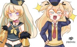 Rule 34 | 2girls, :3, abineko, artist name, azur lane, bache (azur lane), bache (azur lane) (cosplay), black sailor collar, blazer, blonde hair, blue eyes, blue headwear, collar, commentary, cosplay, costume switch, crossover, fang, fur-trimmed jacket, fur trim, girls&#039; frontline, hat, highres, jacket, long hair, long sleeves, look-alike, micro shorts, midriff, multiple girls, ok sign, open clothes, open jacket, open mouth, peaked cap, police hat, purple eyes, red neckwear, sailor collar, school uniform, shorts, simple background, sleeveless, sparkle, super-shorty (girls&#039; frontline), super-shorty (girls&#039; frontline) (cosplay), two side up, white background