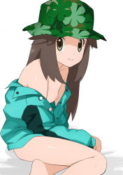 Rule 34 | 1girl, absurdres, barefoot, breasts, brown hair, bucket hat, buttons, closed mouth, coat, commentary request, creatures (company), eyelashes, game freak, green coat, green hat, grey eyes, hat, highres, leaf (pokemon), leaf (sygna suit) (pokemon), long hair, long sleeves, looking to the side, meronshiroppu, naked coat, nintendo, nipples, official alternate costume, pokemon, pokemon masters ex, shiny skin, sitting, sleeves past wrists, small breasts, solo