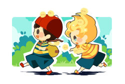 Rule 34 | 2boys, backpack, bag, baseball cap, bird, black hair, blonde hair, blue shorts, blush stickers, bow, bowtie, brown bag, chick, from side, grass, hat, hitofutarai, lucas (mother 3), mother (game), mother 2, mother 3, multiple boys, ness (mother 2), nintendo, open mouth, orange footwear, outdoors, outline, red footwear, red headwear, shirt, short hair, shorts, sideways hat, socks, solid oval eyes, striped clothes, striped shirt, walking, white bow, white bowtie, white outline, white socks