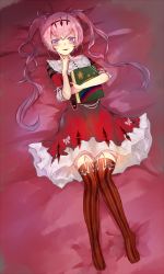 Rule 34 | 1girl, bed sheet, blush, book, diadem, dress, feet, female focus, fran (shadowverse), from above, full body, highres, holding, index finger raised, long hair, looking at viewer, neck ribbon, no shoes, pink hair, pink ribbon, print dress, purple eyes, red dress, red thighhighs, ribbon, shadowverse, short dress, smile, solo, striped clothes, striped thighhighs, thighhighs, twintails, white ribbon, yamato (muchuu paradigm), zettai ryouiki