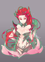 Rule 34 | 1girl, aa2233a, breasts, cleavage, highres, large breasts, leaf bra, league of legends, long hair, looking at viewer, midriff, monster girl, navel, plant, red eyes, red hair, sketch, smile, solo, thorns, upper body, vines, wearing plant, zyra