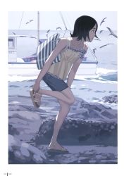 Rule 34 | 1girl, absurdres, bird, child, highres, muted color, ocean, rock, sandals, seagull, short hair, solo, takamichi, water