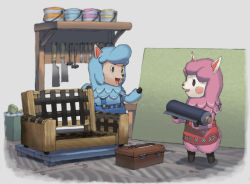 Rule 34 | 1boy, 1girl, :d, alpaca boy, alpaca ears, alpaca girl, animal crossing, animal ears, animal nose, blue fur, blue hair, commentary request, couple, cyrus (animal crossing), holding, husband and wife, japanese saw, lanbook, looking at another, nintendo, object request, open mouth, pink fur, pink hair, reese (animal crossing), saw, smile, standing, tongue, toolbox