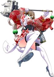 Rule 34 | 1girl, :o, apron, breasts, from below, full body, green eyes, hammer, holding, holding hammer, holding weapon, japanese clothes, large breasts, light brown hair, long hair, low-tied long hair, maid, maid apron, official art, oozu (oshiro project), oshiro project:re, oshiro project:re, solo, thighhighs, transparent background, tsukumo (soar99), v-shaped eyebrows, wa maid, weapon, white thighhighs