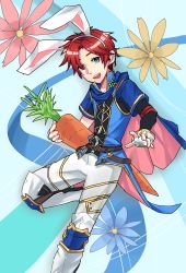 Rule 34 | 1boy, absurdres, animal ears, blue eyes, blush, rabbit ears, carrot, fire emblem, fire emblem: the binding blade, fire emblem heroes, highres, looking at viewer, male focus, nintendo, open mouth, red hair, roy (fire emblem), short hair, smile, solo