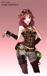 Rule 34 | 10s, 1girl, :d, alternate costume, arm warmers, bag, ball, belt, belt pouch, binoculars, boots, bottle, bracelet, brown footwear, buckle, character name, clock, contrapposto, corset, cowboy shot, curry bowl, gradient background, hand on own hip, jewelry, looking at viewer, love live!, love live! school idol project, necklace, nishikino maki, open mouth, orb, pendant, pouch, purple eyes, red hair, ring, short hair, shorts, sleeveless, smile, solo, standing, steampunk, stitches, swept bangs, teeth, thigh boots, thighhighs