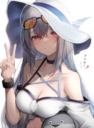 Rule 34 | 1girl, absurdres, arknights, breasts, cleavage, collarbone, commentary request, eyewear on head, grey hair, hair between eyes, hat, highres, large breasts, light smile, long hair, looking at viewer, official alternate costume, parted lips, red eyes, sacabambaspis, simple background, skadi (arknights), skadi (waverider) (arknights), smile, solo, sunglasses, tab head, translation request, upper body, v, white background, white hat