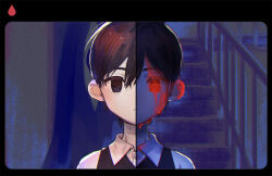 Rule 34 | 1boy, black border, black eyes, black hair, black vest, blood, blood drop, blood on face, border, collared shirt, commentary request, empty eyes, expressionless, film grain, glowing, glowing eye, indoors, male focus, no nose, no pupils, omori, portrait, railing, red eyes, rounded corners, shirt, short hair, solo, split theme, stairs, straight-on, sunny (omori), toastytoast, vest, white shirt