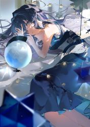 Rule 34 | 1girl, 9degree, absurdres, arknights, astesia (arknights), bare shoulders, blue dress, blue eyes, blue hair, blurry, blurry foreground, breasts, commentary, dress, earrings, expressionless, eyelashes, feet out of frame, globe, hair intakes, hair ornament, highres, jewelry, light bulb, long hair, looking at viewer, lying, medium breasts, o-ring, off-shoulder dress, off shoulder, on side, parted lips, sleeveless, sleeveless dress, solo, star (symbol), strap, strapless, strapless dress, symbol-only commentary