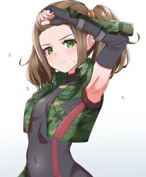 Rule 34 | 1girl, absurdres, arm up, armpits, black bodysuit, black gloves, blush, bodysuit, breasts, brown hair, camouflage, closed mouth, commentary, covered navel, elbow gloves, fingerless gloves, forehead, gloves, gradient background, green eyes, green vest, grey background, highres, kamidan, looking at viewer, open clothes, open vest, shania (xenoblade), sleeveless, sleeveless bodysuit, small breasts, solo, sweat, twintails, upper body, vest, white background, xenoblade chronicles (series), xenoblade chronicles 3