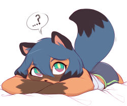 Rule 34 | ..., 1girl, ?, absurdres, animal ears, ass, bare shoulders, black hair, blue hair, body fur, brand new animal, furry, furry female, green eyes, hair between eyes, highres, kagemori michiru, looking at viewer, lying, multicolored hair, on stomach, pudgeruffian, raccoon ears, raccoon girl, raccoon tail, short hair, shorts, simple background, solo, speech bubble, spoken question mark, tail, white background