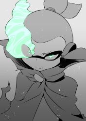 Rule 34 | 1boy, agent 3 (splatoon), cloak, closed mouth, constricted pupils, glowing, glowing eyes, green eyes, grey background, hair tie, half-closed eye, headgear, highres, inkling, inkling boy, inkling player character, light particles, looking at viewer, male focus, monochrome, nintendo, partially colored, pero (pero7762), short hair, simple background, sketch, solo, splatoon (series), splatoon 2, splatoon 2: octo expansion, spot color, topknot, uneven eyes, upper body