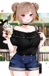 Rule 34 | 1girl, :d, alternate costume, bag, bare shoulders, black choker, black shirt, breasts, brown hair, casual, choker, commentary request, commission, confetti, cowboy shot, cup, disposable cup, double bun, frappuccino, girls&#039; frontline, hair bun, hair ribbon, handbag, holding, holding cup, kairi630, large breasts, looking at viewer, off-shoulder shirt, off shoulder, open mouth, p90 (girls&#039; frontline), red eyes, ribbon, shirt, shorts, skeb commission, smile, solo