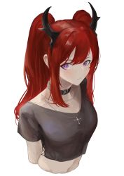 Rule 34 | 1girl, absurdres, arknights, black collar, black shirt, collar, cropped arms, cropped shirt, cropped torso, cross, cross necklace, demon horns, highres, horns, jewelry, kajuu, light blush, long hair, navel, necklace, official alternate costume, ponytail, purple eyes, red hair, shirt, short sleeves, sidelocks, simple background, solo, surtr (arknights), surtr (liberte echec) (arknights), white background