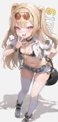 Rule 34 | 1girl, puff of air, absurdres, ankle cuffs, azur lane, bache (azur lane), bache (gorgeous speed-star) (azur lane), bag, belt, bikini, bikini top only, black bikini, black choker, blonde hair, bracelet, breasts, choker, cropped jacket, cutoffs, eyewear on head, fangs, freng, hand on own hip, handbag, highres, jacket, jewelry, leaning forward, long hair, looking at viewer, mesugaki, micro shorts, money, multiple rings, navel, necklace, object in clothes, official alternate costume, open clothes, open jacket, open mouth, petite, pink eyes, ring, round eyewear, shadow, shoes, short shorts, short sleeves, shorts, sidelocks, simple background, skindentation, small breasts, smile, smug, solo, standing, stomach, sunglasses, swimsuit, thick eyebrows, thighhighs, thighs, tucked money, two side up, very long hair, white background, white footwear, white jacket, white shorts, white thighhighs