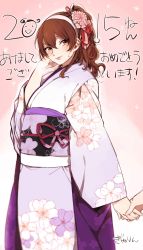 Rule 34 | 10s, 1girl, 2015, adjusting hair, akeome, artist name, ashigara (kancolle), bad id, bad pixiv id, blush, brown eyes, brown hair, floral print, flower, hair flower, hair ornament, hair up, hairband, holding hands, happy new year, highres, ikarin, japanese clothes, kantai collection, kanzashi, kimono, new year, obi, pink background, sash, solo focus