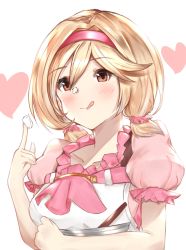 Rule 34 | 1girl, :q, absurdres, alternate hairstyle, blonde hair, brown eyes, closed mouth, collarbone, djeeta (granblue fantasy), food, food on face, food on hand, frilled sleeves, frills, granblue fantasy, hair ornament, hair scrunchie, hairband, heart, highres, holding, low twintails, mixing bowl, nemun (tamizzz), puffy short sleeves, puffy sleeves, scrunchie, short sleeves, short twintails, smile, solo, tongue, tongue out, twintails, upper body, whipped cream, white background