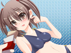 Rule 34 | 1girl, ahoge, bad id, bad pixiv id, bare shoulders, bikini, blush, breasts, brown eyes, brown hair, food, impossible clothes, impossible swimsuit, isono tara, large breasts, o-ring, o-ring bottom, o-ring top, original, short hair, swimsuit, tongue, twintails
