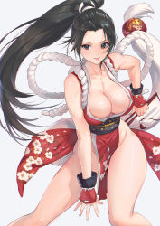 Rule 34 | 1girl, arm behind back, arm between legs, arm guards, bare shoulders, black hair, breasts, brown eyes, cleavage, fatal fury, fighting, folding fan, hand fan, high ponytail, highres, large breasts, long hair, mhk (mechamania), ninja, no bra, parted bangs, pelvic curtain, ponytail, revealing clothes, shiranui mai, smile, snk, solo, the king of fighters, thighs, very long hair