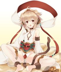 Rule 34 | 10s, 1girl, andira (granblue fantasy), animal ears, bare shoulders, barefoot, blonde hair, blush, breasts, cloud, detached pants, detached sleeves, erune, feet, flying nimbus, granblue fantasy, looking at viewer, monkey ears, monkey girl, monkey tail, open mouth, red eyes, see-through, short hair, sideboob, simple background, sitting, small breasts, soles, solo, souryuu (double dragon), staff, tail, tears, thighhighs, toes, yawning