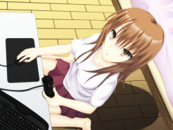 Rule 34 | 1girl, :o, breasts, brown eyes, brown hair, controller, from above, game controller, highres, keyboard, keyboard (computer), large breasts, long hair, looking up, mouse (animal), original, pleated skirt, shake (ferit3), shirt, skirt, solo, t-shirt, taut clothes, taut shirt