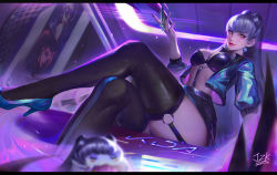 Rule 34 | 1girl, absurdres, bra, dark, demon girl, evelynn (league of legends), garter straps, high heels, highres, jacket, league of legends, lipstick, looking at viewer, makeup, nail polish, open clothes, open jacket, purple hair, r.keensies, revealing clothes, sitting, skirt, smile, solo, thighhighs, underwear, yellow eyes