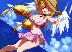 Rule 34 | 1girl, ;d, absurdres, astraea (sora no otoshimono), bikini, blonde hair, breasts, cleavage, collar, finger gun, hat, highres, large breasts, long hair, navel, one eye closed, open mouth, pink bikini, pointing, red eyes, sarong, smile, solo, sora no otoshimono, straw hat, swimsuit, twintails, very long hair, wings, wink