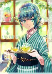 Rule 34 | 1girl, ahoge, aqua eyes, aqua hair, backlighting, blurry, blurry background, blurry foreground, braid, branch, butterfly earrings, closed mouth, commentary request, cup, curtains, day, depth of field, earrings, eyelashes, flower, frills, gloves, green ribbon, hair flower, hair ornament, hair ribbon, highres, holding, holding tray, indoors, japanese clothes, jar, jewelry, kicori, kimono, lace, lace gloves, leaf, long sleeves, looking at viewer, obi, original, pitcher (container), ribbon, sash, saucer, see-through, short hair, sidelocks, smile, solo, striped clothes, striped kimono, teacup, teapot, tray, upper body, white gloves, white ribbon, wide sleeves, window