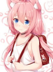 Rule 34 | 1girl, :3, animal ear fluff, animal ears, backpack, bag, bag charm, bare arms, bare shoulders, blue eyes, blush, cat ears, charm (object), closed mouth, commentary request, hair between eyes, highres, hinata channel, holding, long hair, low twintails, nahaki, nekomiya hinata, pink hair, randoseru, shirt, solo, tank top, twintails, upper body, very long hair, virtual youtuber, white shirt