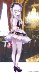 Rule 34 | alternate costume, ass, bags under eyes, dress, fate/grand order, fate (series), headdress, high heels, highres, kneepits, lavinia whateley (fate), long hair, ohara tometa, pale skin, photo background, solo, white hair, wide-eyed