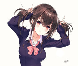 Rule 34 | 1girl, arms up, blush, bow, breasts, brown eyes, brown hair, bunching hair, closed mouth, collarbone, collared shirt, dress shirt, long hair, long sleeves, looking at viewer, medium breasts, original, pink bow, purple sweater, sanbasou, school uniform, shirt, sidelocks, signature, simple background, sleeves past wrists, smile, solo, sweater, twintails, upper body, white shirt