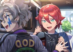 3boys black_jacket clothes_hanger dolustoy green_eyes green_hair grey_hair highres inazuma_eleven_(series) inazuma_eleven_ares_no_tenbin jacket kira_hiroto kiyama_hiroto leather leather_jacket long_hair male_focus midorikawa_ryuuji multicolored_clothes multicolored_hair multicolored_jacket multiple_boys open_mouth pink_eyes ponytail red_hair shopping sweatdrop two-tone_hair