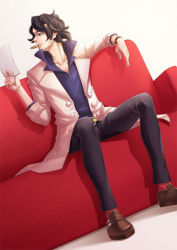 Rule 34 | 10s, 1boy, augustine sycamore, bad id, bad pixiv id, belt, black pants, blue shirt, brown footwear, collar, collared shirt, cookie, couch, creatures (company), dress shoes, food, fraosiboi, game freak, gradient background, lab coat, male focus, nintendo, pants, pokemon, pokemon xy, red legwear, red upholstery, shirt, shoes, sitting, solo, watch, white background, wristwatch, yellow belt