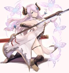 Rule 34 | 10s, 1girl, bad id, bad pixiv id, blue eyes, boots, braid, breasts, bug, butterfly, butterfly hair ornament, draph, eko, artistic error, granblue fantasy, hair ornament, hairclip, highres, horns, insect, kneeling, large breasts, long hair, looking at viewer, narmaya (granblue fantasy), ootachi, parted lips, pink hair, pointy ears, simple background, solo, sword, thighs, weapon, white background