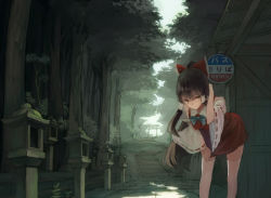 Rule 34 | 1girl, adjusting hair, arm behind head, bent over, black hair, bow, brown eyes, brown hair, bus stop, detached sleeves, female focus, forest, hair bow, hair tubes, hakurei reimu, japanese clothes, leaning forward, long hair, looking at viewer, miko, nature, outdoors, scenery, smile, solo, stairs, stone lantern, thighhighs, torii, touhou, tree, very long hair, white thighhighs, wide sleeves, yasumo (kuusouorbital), zettai ryouiki